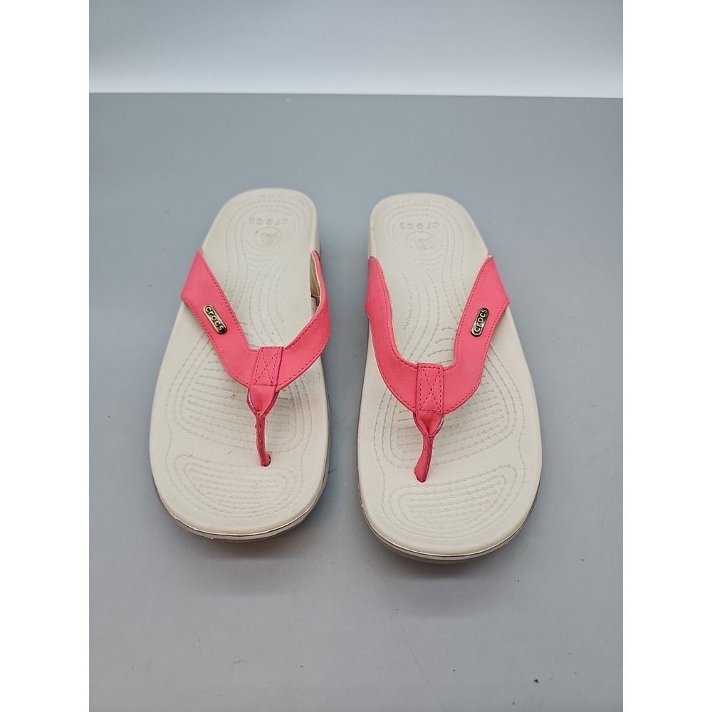 Crocs Ella Comfortpath Leather‎ Flip Sandal Womens Size 10 Poppy/Mushroom